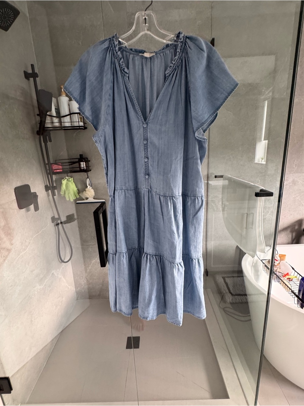 LOFT Light Blue Tiered Chambray Midi Dress